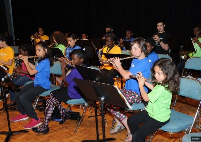Class of boys and girls playing flute and woodwinds